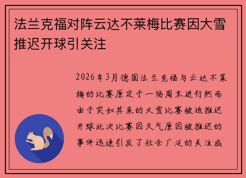法兰克福对阵云达不莱梅比赛因大雪推迟开球引关注 法兰克福对阵云达不莱梅比赛因大雪推迟开球引关注