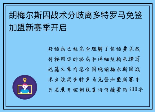 胡梅尔斯因战术分歧离多特罗马免签加盟新赛季开启 胡梅尔斯因战术分歧离多特罗马免签加盟新赛季开启